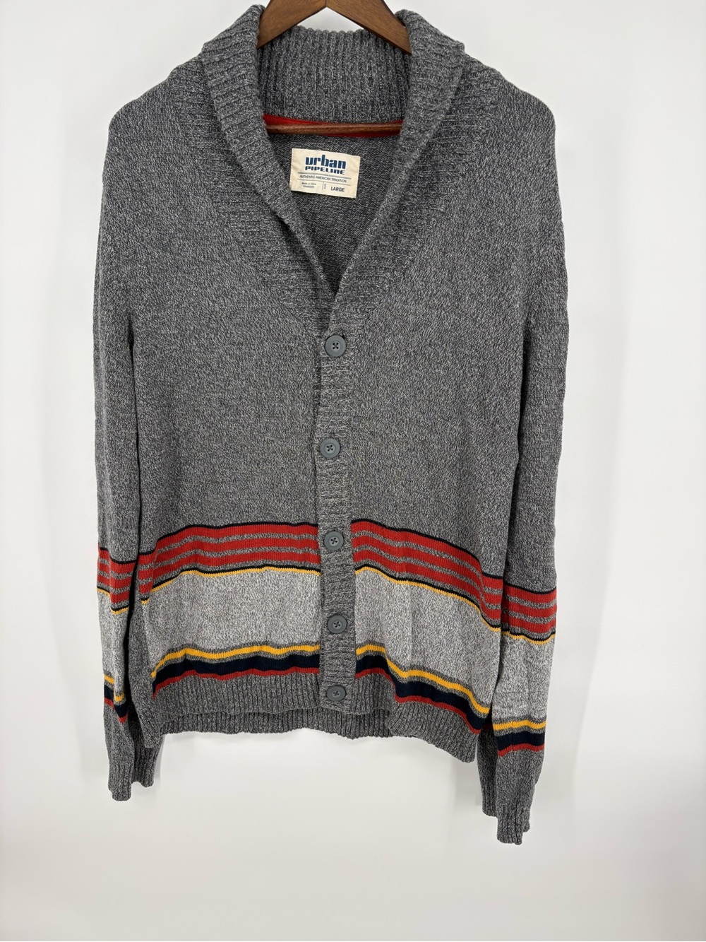 Urban Pipeline Mens Large Cardigan Sweater Gray Striped Shawl Collar Knit 2016